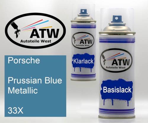Porsche, Prussian Blue Metallic, 33X: 400ml Sprühdose + 400ml Klarlack - Set, von ATW Autoteile West.